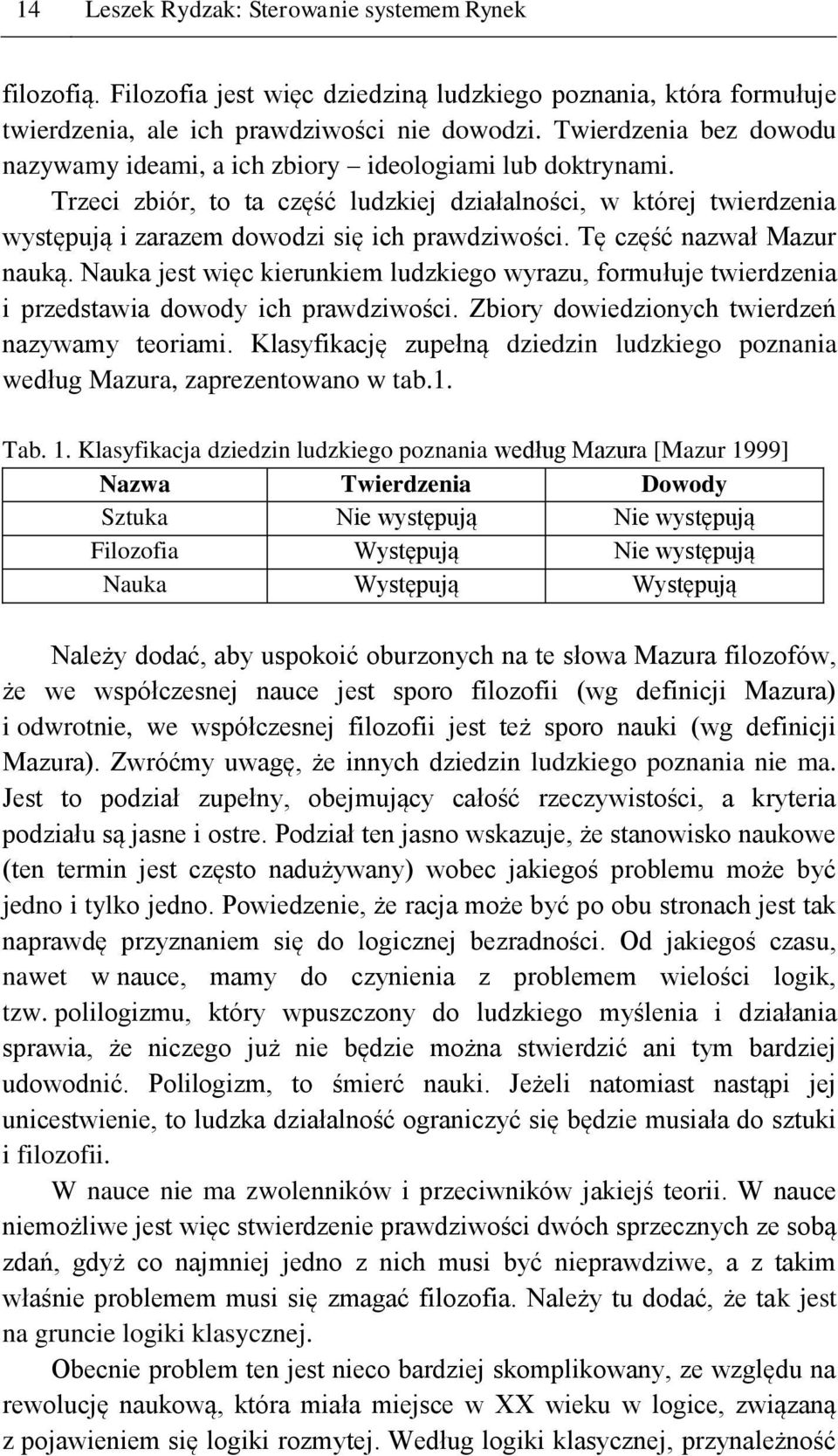 Tę część nazwał Mazur nauką. Nauka jest więc kierunkiem ludzkiego wyrazu, formułuje twierdzenia i przedstawia dowody ich prawdziwości. Zbiory dowiedzionych twierdzeń nazywamy teoriami.