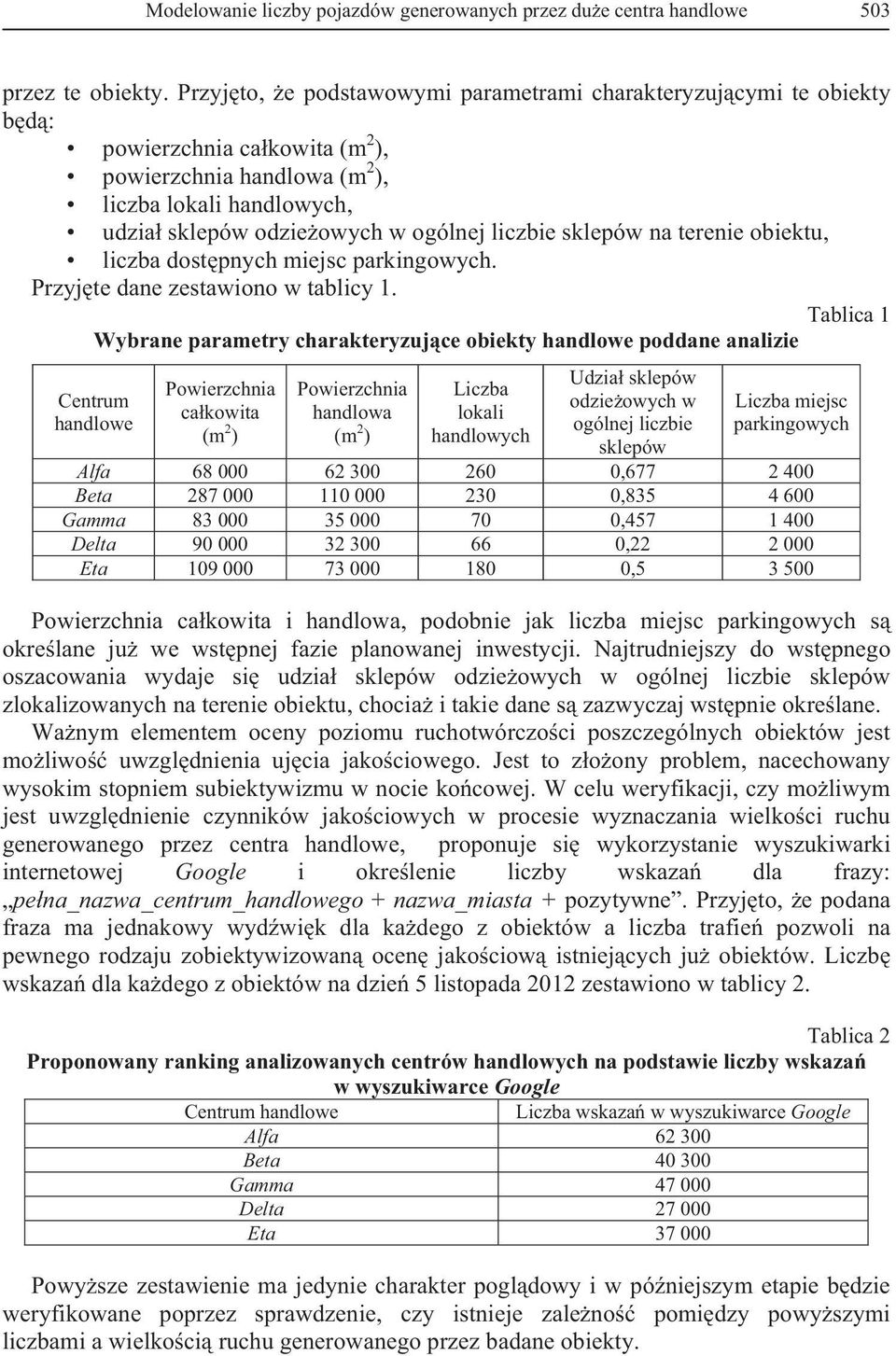 sklepów na terenie obiektu, liczba dostpnych miejsc parkingowych. Przyjte dane zestawiono w tablicy 1.