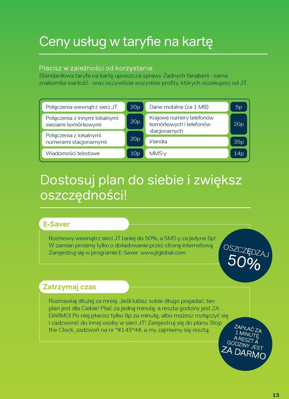 Połączenia wewnątrz sieci JT 20p Dane mobilne (za 1 MB) 5p Połączenia z innymi lokalnymi sieciami komórkowymi Połączenia z lokalnymi numerami stacjonarnymi 20p 20p Krajowe numery telefonów