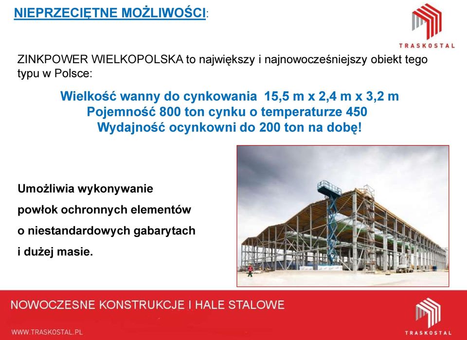 Pojemność 800 ton cynku o temperaturze 450 Wydajność ocynkowni do 200 ton na dobę!