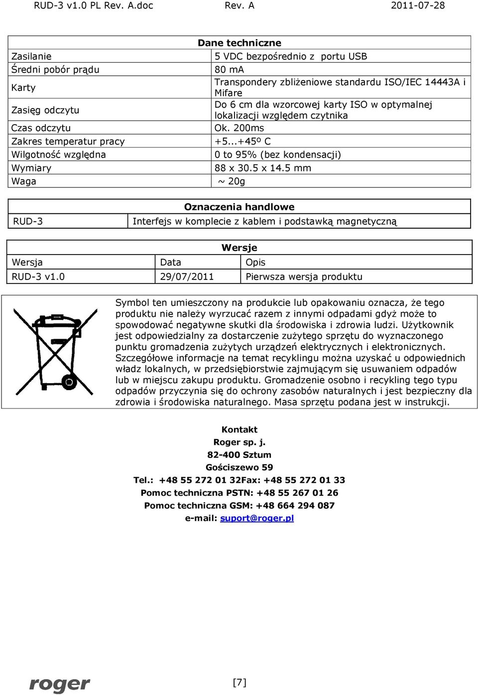 5 mm ~ 20g Oznaczenia handlowe Interfejs w komplecie z kablem i podstawką magnetyczną Wersje Wersja Data Opis RUD-3 v1.