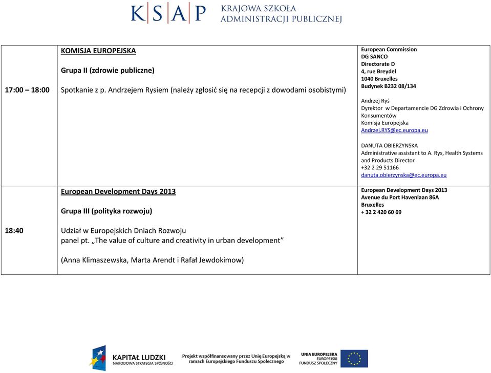 The value of culture and creativity in urban development (Anna Klimaszewska, Marta Arendt i Rafał Jewdokimow) DG SANCO Directorate D 4, rue Breydel 1040 Bruxelles Budynek B232 08/134