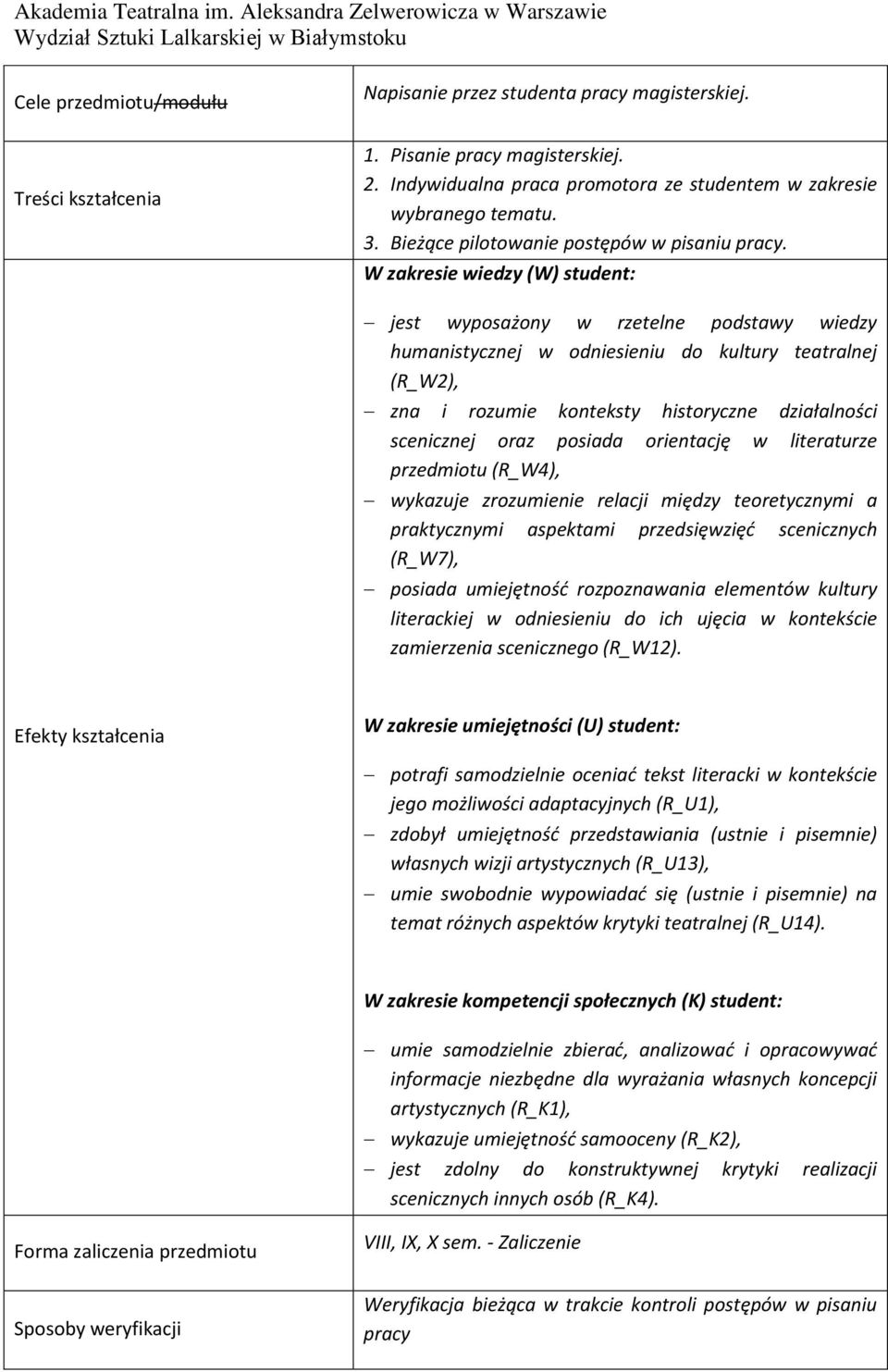W zakresie wiedzy (W) student: jest wyposażony w rzetelne podstawy wiedzy humanistycznej w odniesieniu do kultury teatralnej (R_W2), zna i rozumie konteksty historyczne działalności scenicznej oraz