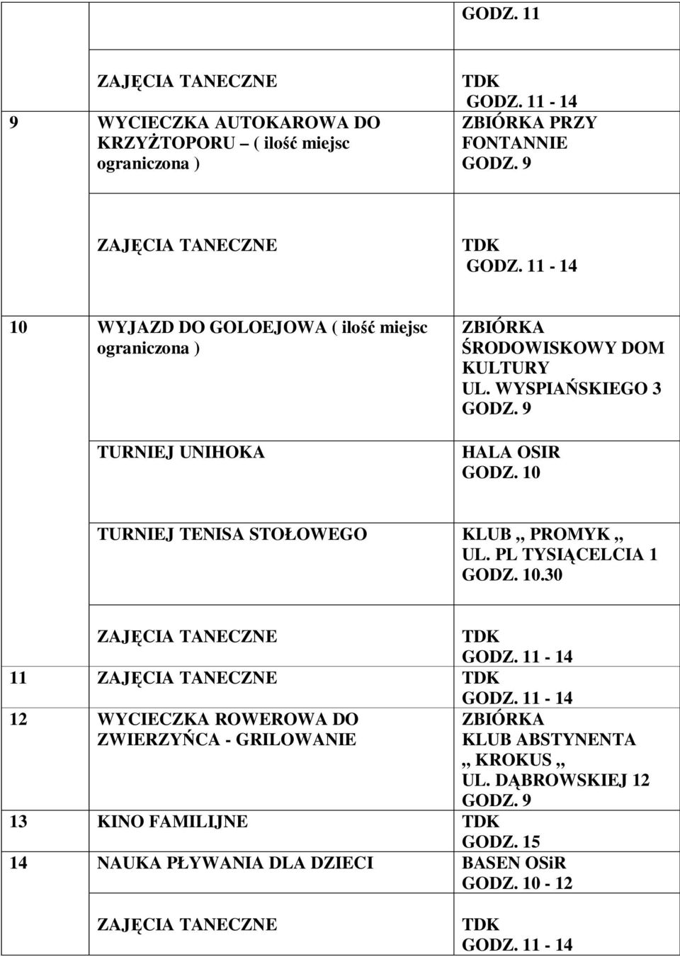 WYSPIAŃSKIEGO 3 GODZ. 9 HALA OSIR TURNIEJ TENISA STOŁOWEGO KLUB PROMYK UL. PL TYSIĄCELCIA 1.