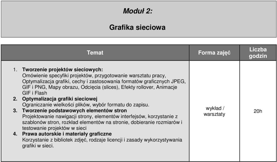 obrazu, Odcięcia (slices), Efekty rollover, Animacje GIF i Flash 2. Optymalizacja grafiki sieciowej Ograniczanie wielkości plików, wybór formatu do zapisu. 3.