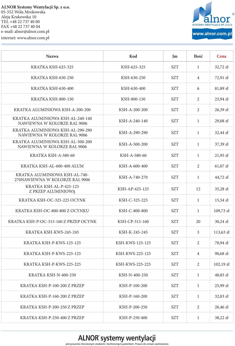 1 32,44 zł KSH-A-500-200 SZT 1 37,39 zł KRATKA KSH-A-580-60 KSH-A-580-60 SZT 1 21,95 zł KRATKA KSH-AL-600-400 ALUM KSH-A-600-400 SZT 2 61,07 zł KRATKA ALUMINIOWA KSH-AL-740-270 KRATKA