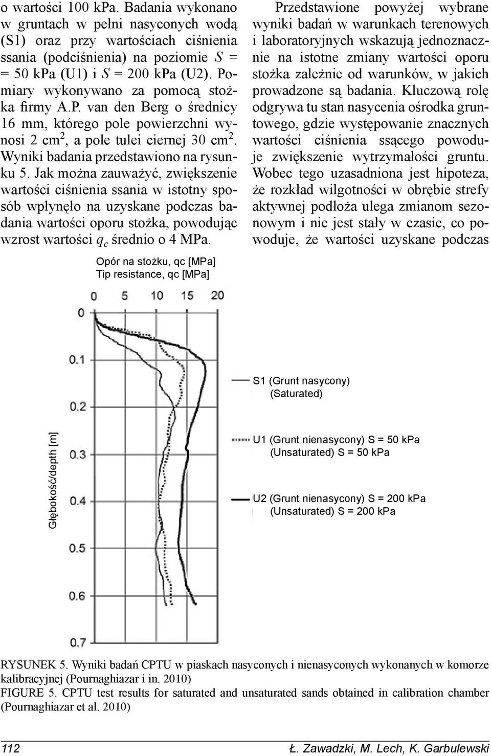 Jak można zauważyć, zwiększenie wartości ciśnienia ssania w istotny sposób wpłynęło na uzyskane podczas badania wartości oporu stożka, powodując wzrost wartości q c średnio o 4 MPa.