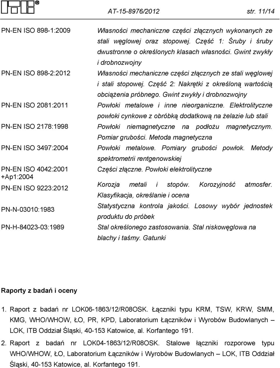 Część 2: Nakrętki z określoną wartością obciążenia próbnego. Gwint zwykły i drobnozwojny PN-EN ISO 2081:2011 Powłoki metalowe i inne nieorganiczne.