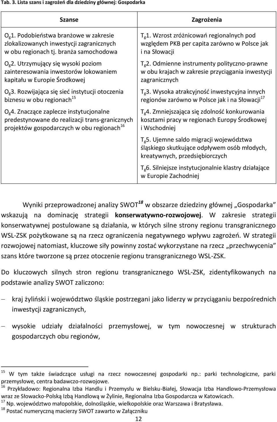 Znaczące zaplecze instytucjonalne predestynowane do realizacji trans-granicznych projektów gospodarczych w obu regionach 16 Zagrożenia T g 1.