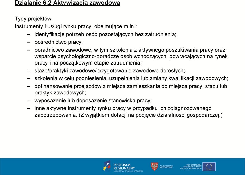 wchodzących, powracających na rynek pracy i na początkowym etapie zatrudnienia; staże/praktyki zawodowe/przygotowanie zawodowe dorosłych; szkolenia w celu podniesienia, uzupełnienia lub zmiany