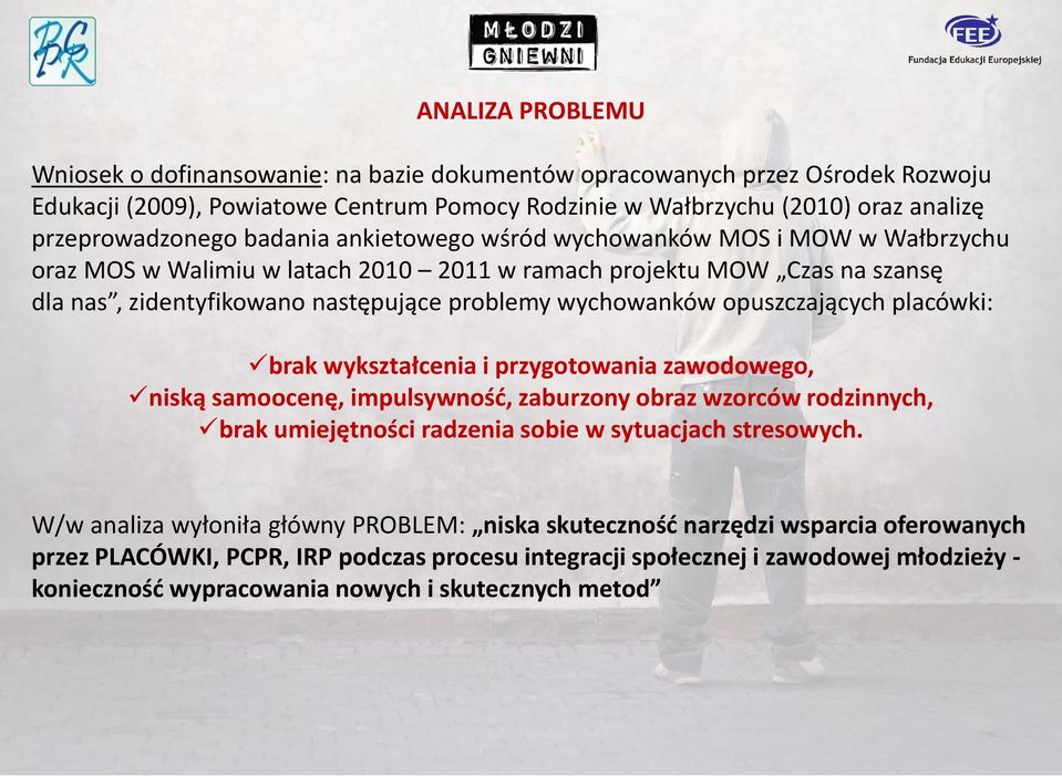 opuszczających placówki: brak wykształcenia i przygotowania zawodowego, niską samoocenę, impulsywność, zaburzony obraz wzorców rodzinnych, brak umiejętności radzenia sobie w sytuacjach stresowych.