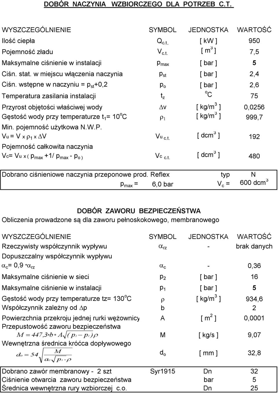 wstępne w naczyniu = p st +0,2 p o [ bar ] 2,6 Temperatura zasilania instalacji t z o C 75 Przyrost objętości właściwej wody Dv [ kg/m 3 ] 0,0256 Gęstość wody przy temperaturze t 1 = 10 o C r 1 [