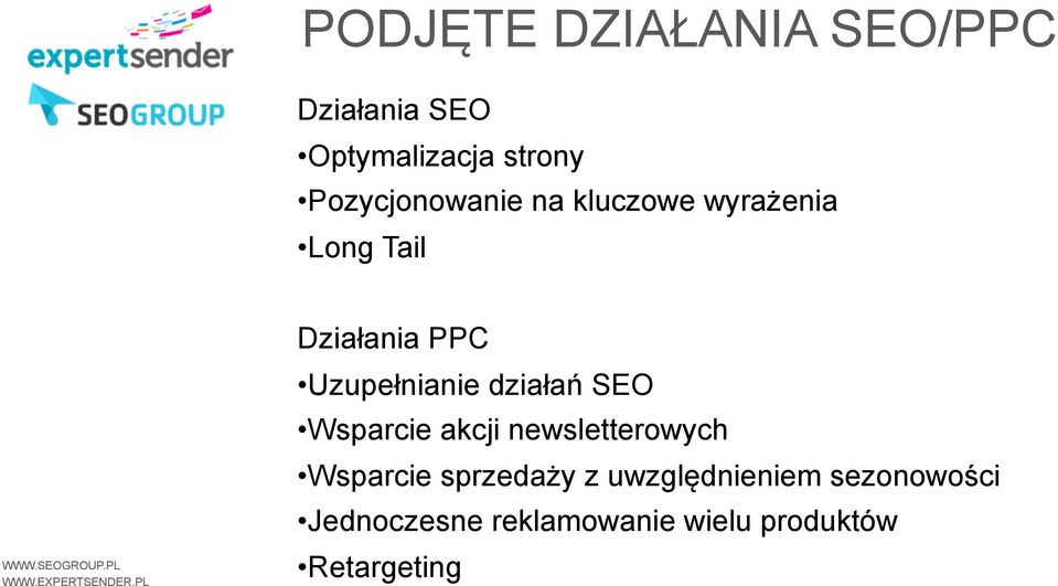 Uzupełnianie działań SEO Wsparcie akcji newsletterowych Wsparcie