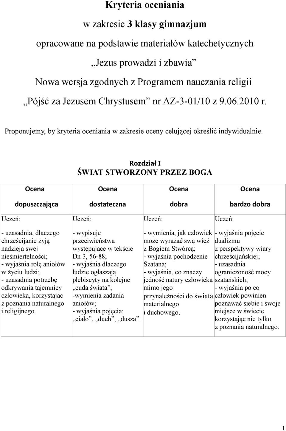 Rozdział I ŚWIAT STWORZONY PRZEZ BOGA - uzasadnia, dlaczego chrześcijanie żyją nadzieją swej nieśmiertelności; - wyjaśnia rolę aniołów w życiu ludzi; odkrywania tajemnicy człowieka, korzystając z