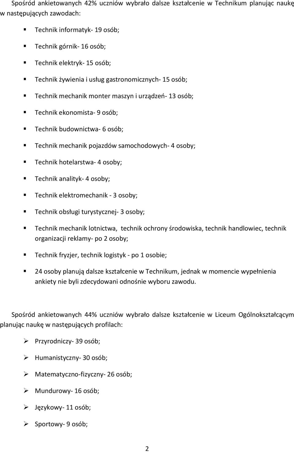 samochodowych- 4 osoby; Technik hotelarstwa- 4 osoby; Technik analityk- 4 osoby; Technik elektromechanik - 3 osoby; Technik obsługi turystycznej- 3 osoby; Technik mechanik lotnictwa, technik ochrony