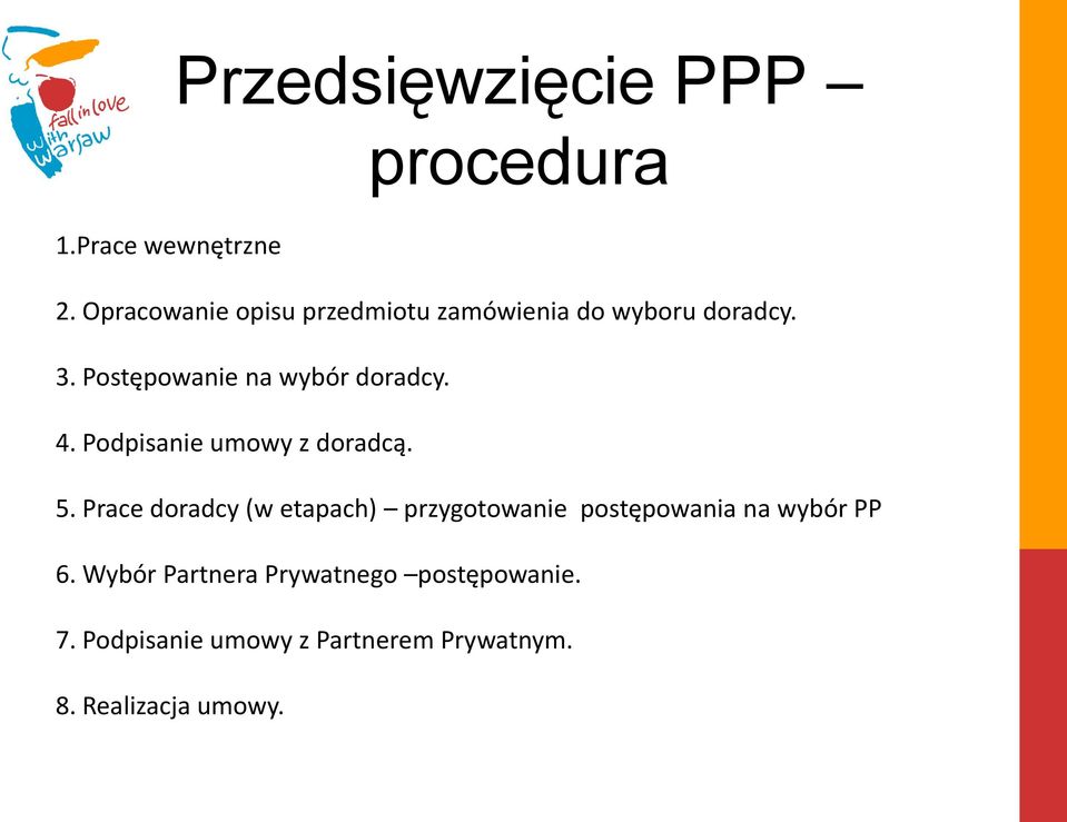 Postępowanie na wybór doradcy. 4. Podpisanie umowy z doradcą. 5.