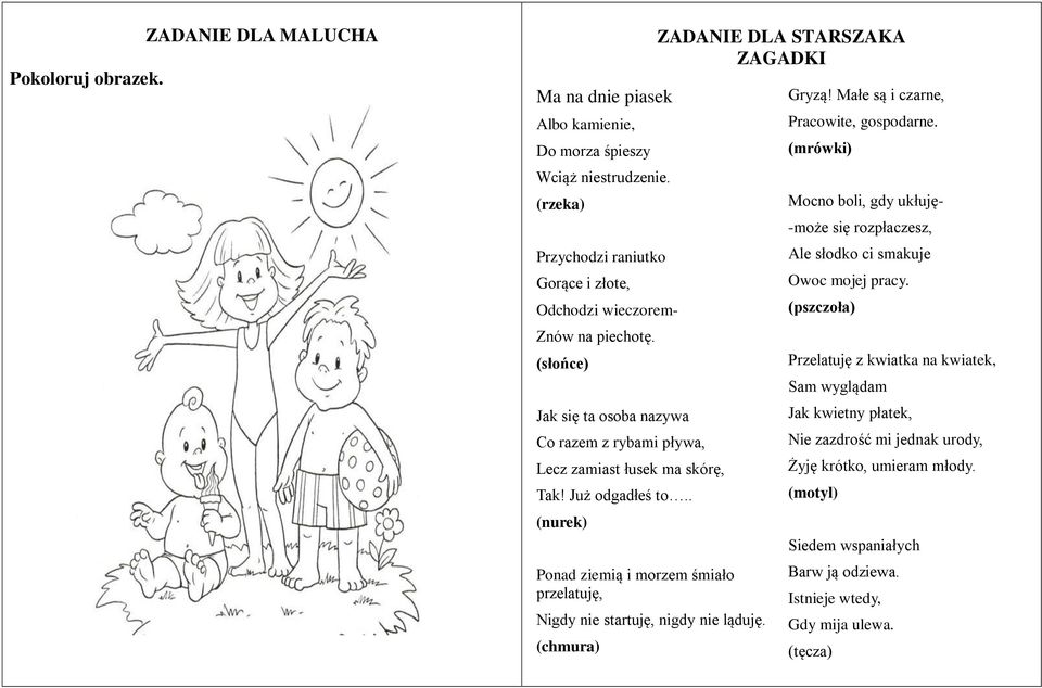 (chmura) ZADANIE DLA STARSZAKA ZAGADKI Gryzą! Małe są i czarne, Pracowite, gospodarne. (mrówki) Mocno boli, gdy ukłuję- -może się rozpłaczesz, Ale słodko ci smakuje Owoc mojej pracy.