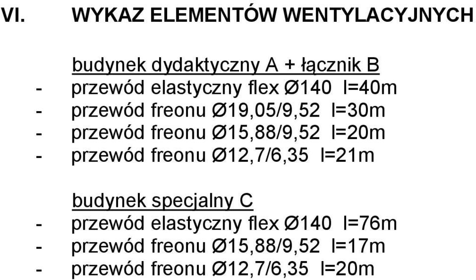 Ø15,88/9,52 l=20m - przewód freonu Ø12,7/6,35 l=21m budynek specjalny C - przewód