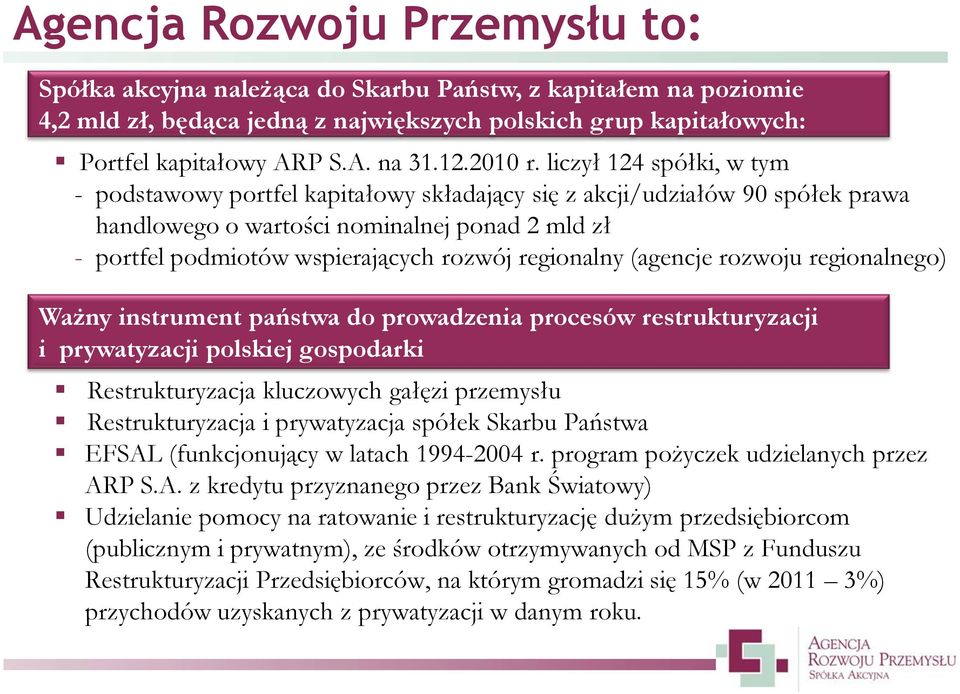 liczył 124 spółki, w tym - podstawowy portfel kapitałowy składający się z akcji/udziałów 90 spółek prawa handlowego o wartości nominalnej ponad 2 mld zł - portfel podmiotów wspierających rozwój