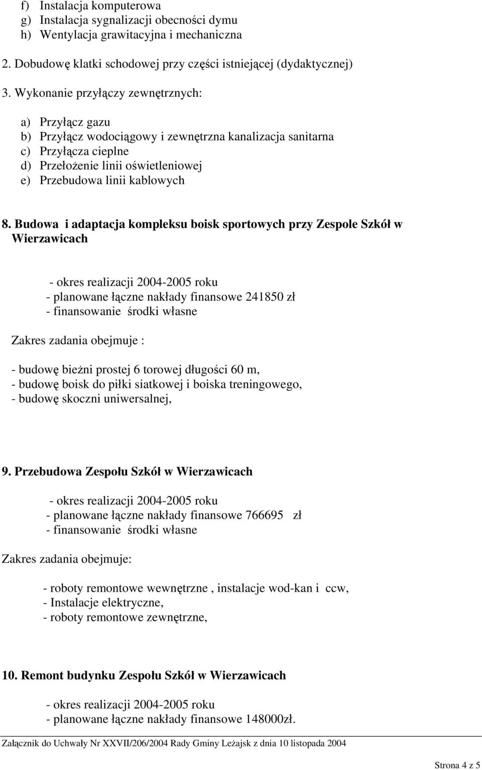 Budowa i adaptacja kompleksu boisk sportowych przy Zespole Szkół w Wierzawicach - okres realizacji 2004-2005 roku - planowane łączne nakłady finansowe 241850 zł - finansowanie środki własne Zakres