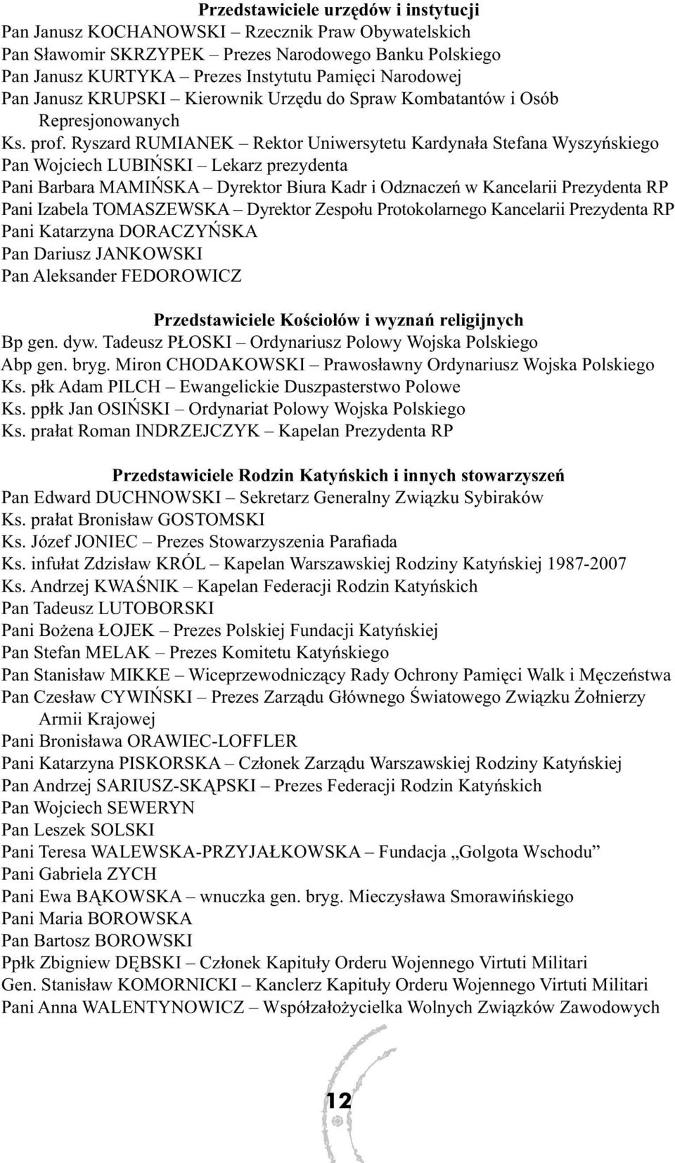 Ryszard RUMIANEK Rektor Uniwersytetu Kardynała Stefana Wyszyńskiego Pan Wojciech LUBIŃSKI Lekarz prezydenta Pani Barbara MAMIŃSKA Dyrektor Biura Kadr i Odznaczeń w Kancelarii Prezydenta RP Pani