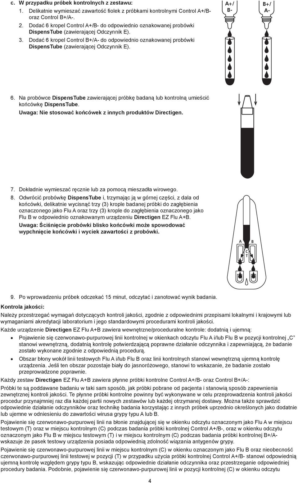 Dodać 6 kropel Control +/A- do odpowiednio oznakowanej probówki DispensTube (zawierającej Odczynnik E). 6. Na probówce DispensTube zawierającej próbkę badaną lub kontrolną umieścić końcówkę DispensTube.