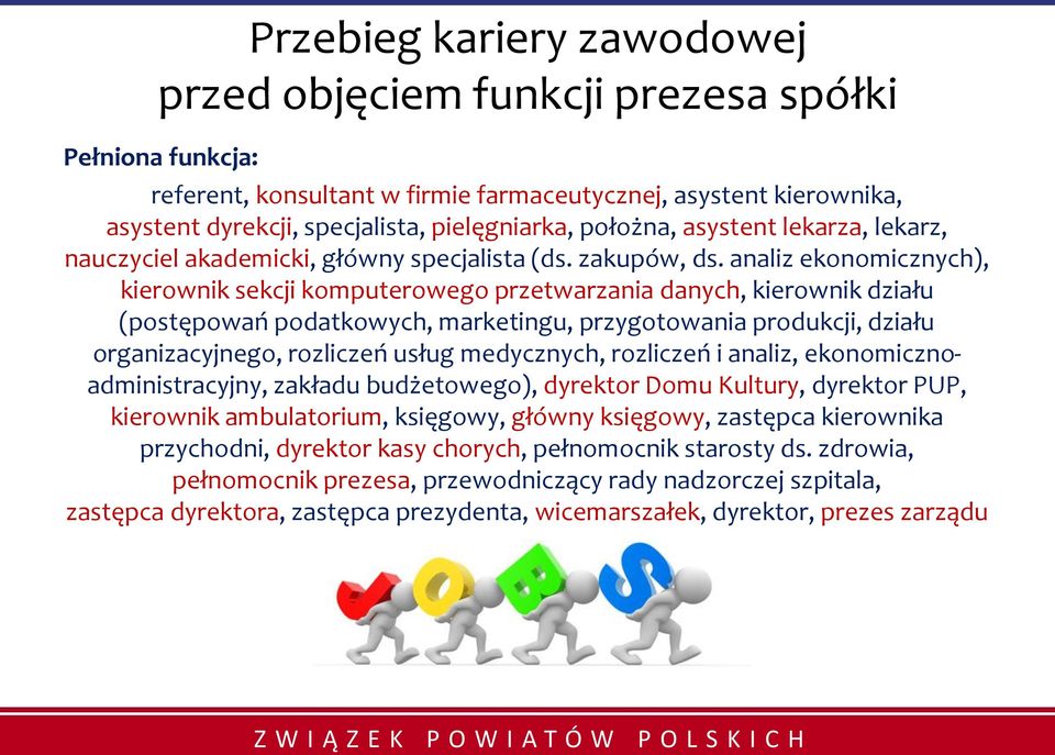 analiz ekonomicznych), kierownik sekcji komputerowego przetwarzania danych, kierownik działu (postępowań podatkowych, marketingu, przygotowania produkcji, działu organizacyjnego, rozliczeń usług