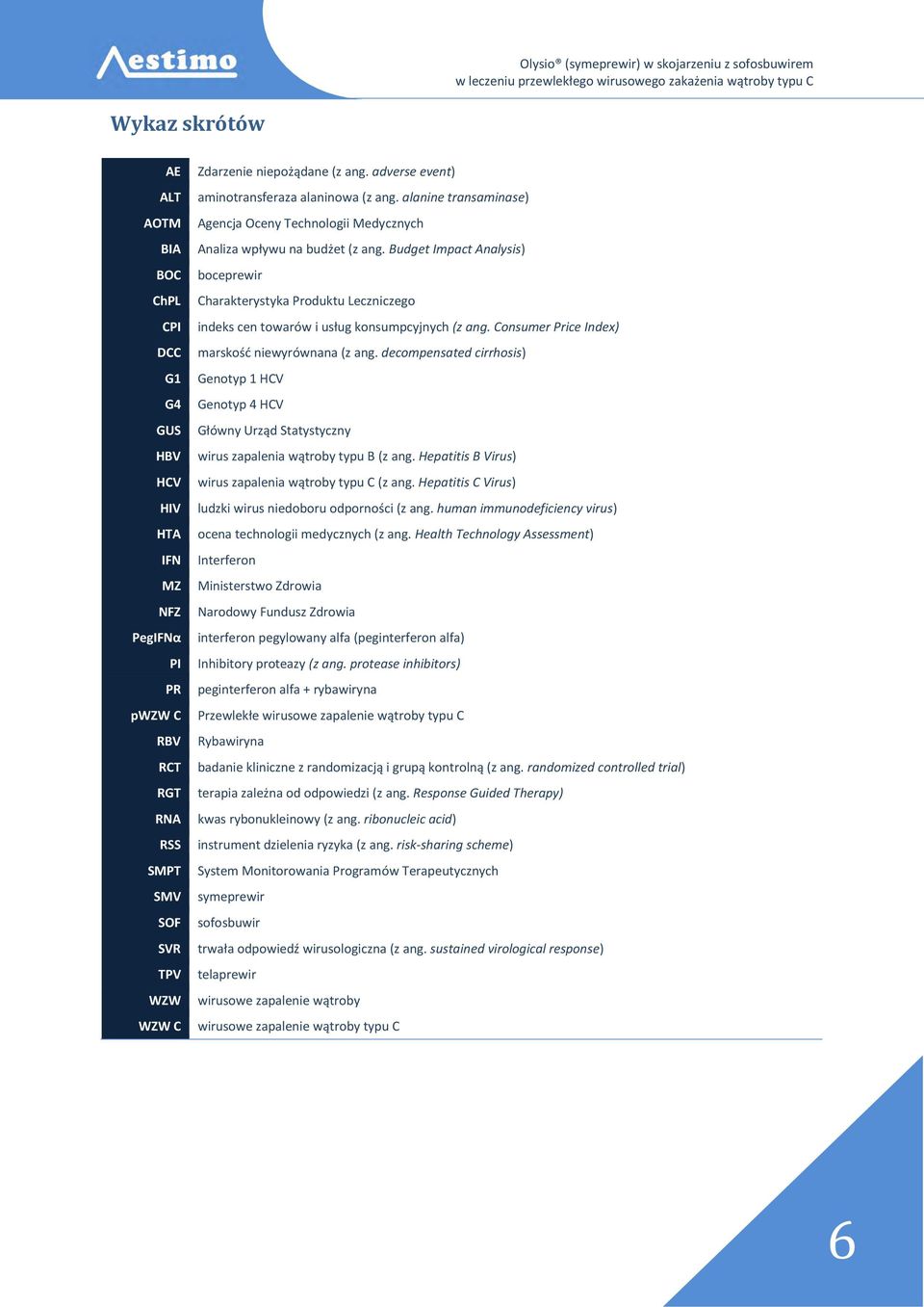 Budget Impact Analysis) boceprewir Charakterystyka Produktu Leczniczego indeks cen towarów i usług konsumpcyjnych (z ang. Consumer Price Index) marskość niewyrównana (z ang.