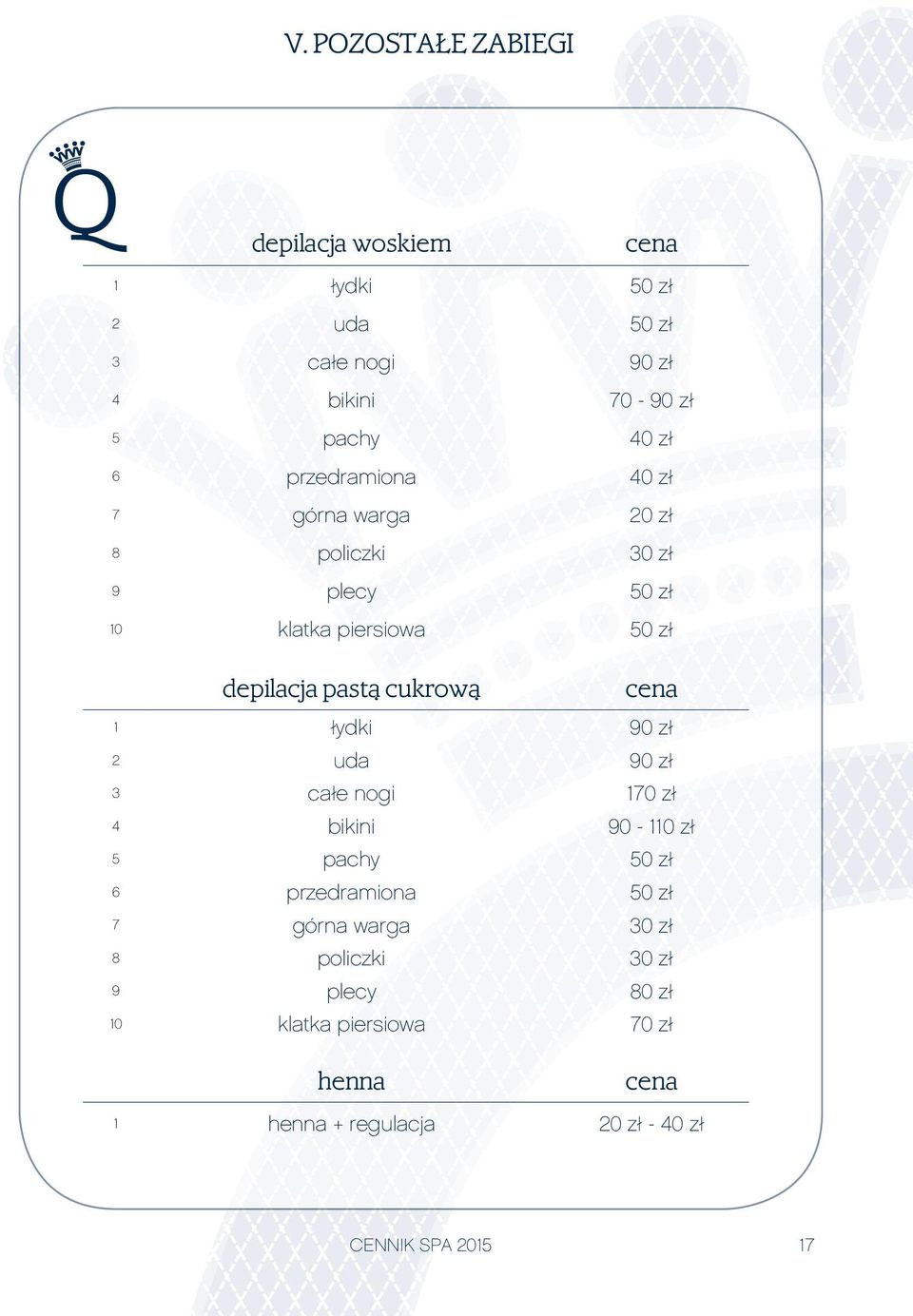 cukrową 1 łydki 90 zł 2 uda 90 zł 3 całe nogi 170 zł 4 bikini 90-110 zł 5 pachy 50 zł 6 przedramiona 50 zł 7 górna