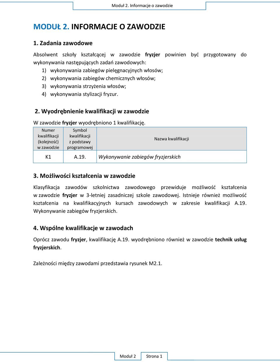 Numer kwalifikacji w zawodzie Symbol kwalifikacji z podstawy programowej Nazwa kwalifikacji K1 A.19. W 3.