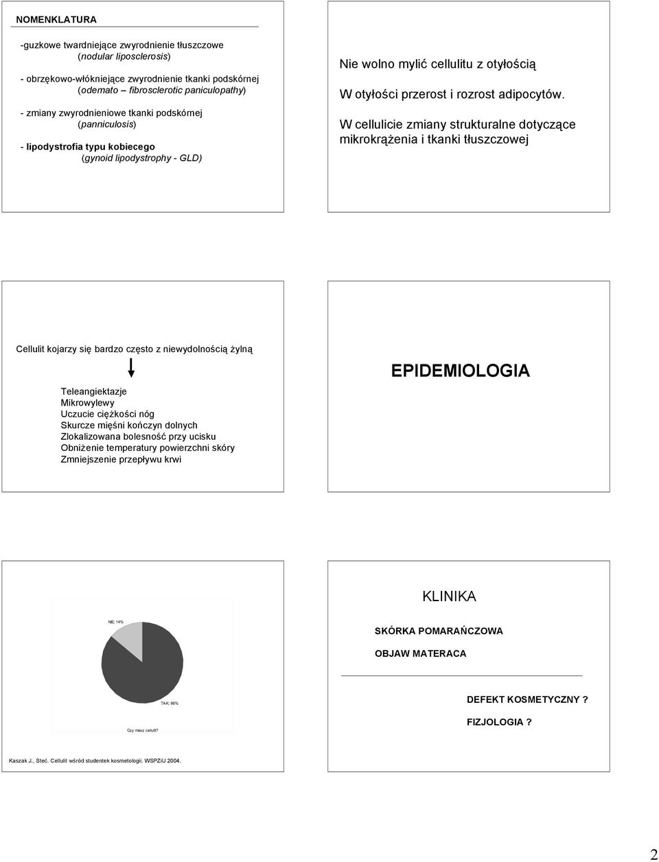 W cellulicie zmiany strukturalne dotyczące mikrokrążenia i tkanki tłuszczowej Cellulit kojarzy się bardzo często z niewydolnością żylną Teleangiektazje Mikrowylewy Uczucie ciężkości nóg Skurcze