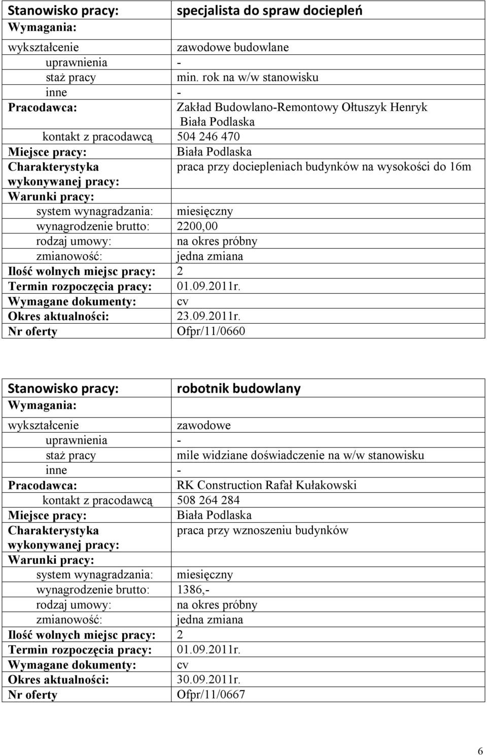 wynagrodzenie brutto: 2200,00 na okres próbny Ilość wolnych miejsc pracy: 2 Termin rozpoczęcia pracy: 01.09.2011r.