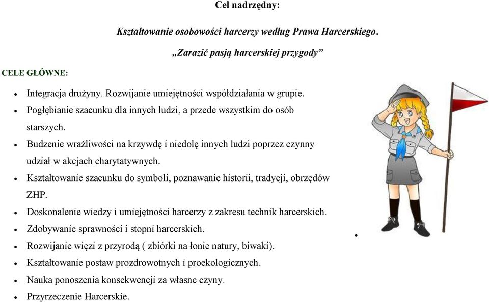 Budzenie wrażliwości na krzywdę i niedolę innych ludzi poprzez czynny udział w akcjach charytatywnych. Kształtowanie szacunku do symboli, poznawanie historii, tradycji, obrzędów ZHP.