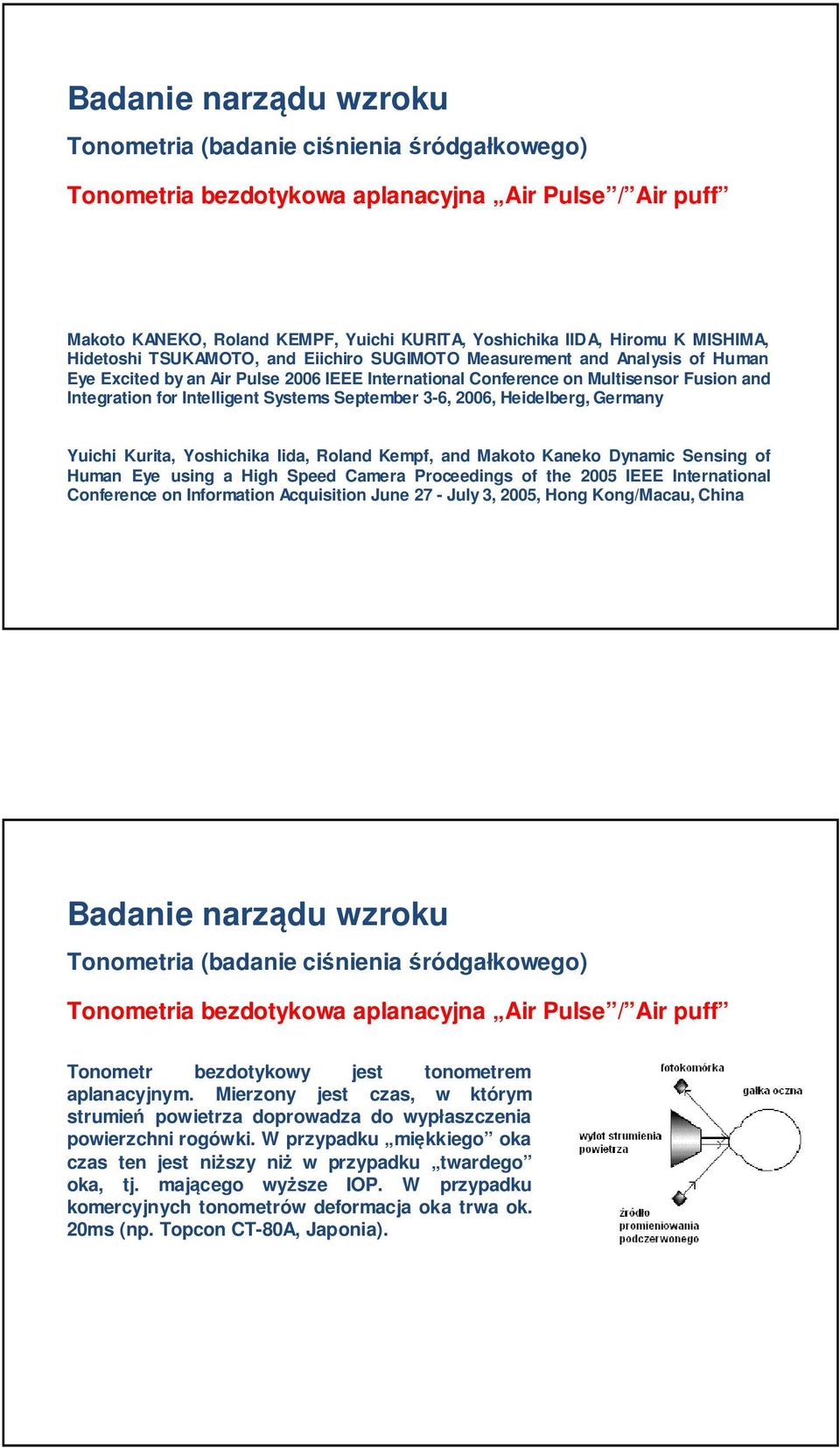 Heidelberg, Germany Yuichi Kurita, Yoshichika Iida, Roland Kempf, and Makoto Kaneko Dynamic Sensing of Human Eye using a High Speed Camera Proceedings of the 005 IEEE International Conference on
