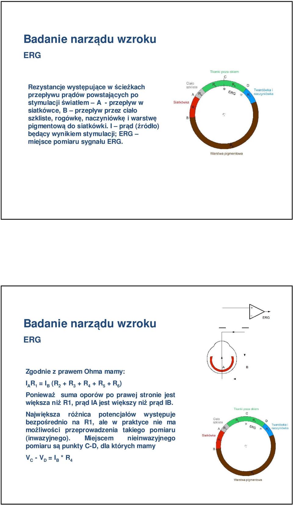 ERG Zgodnie z prawem Ohma mamy: I A R 1 = I B (R + R 3 + R 4 + R 5 + R 6 ) Ponieważ suma oporów po prawej stronie jest większa niż R1, prąd IA jest większy niż prąd IB.
