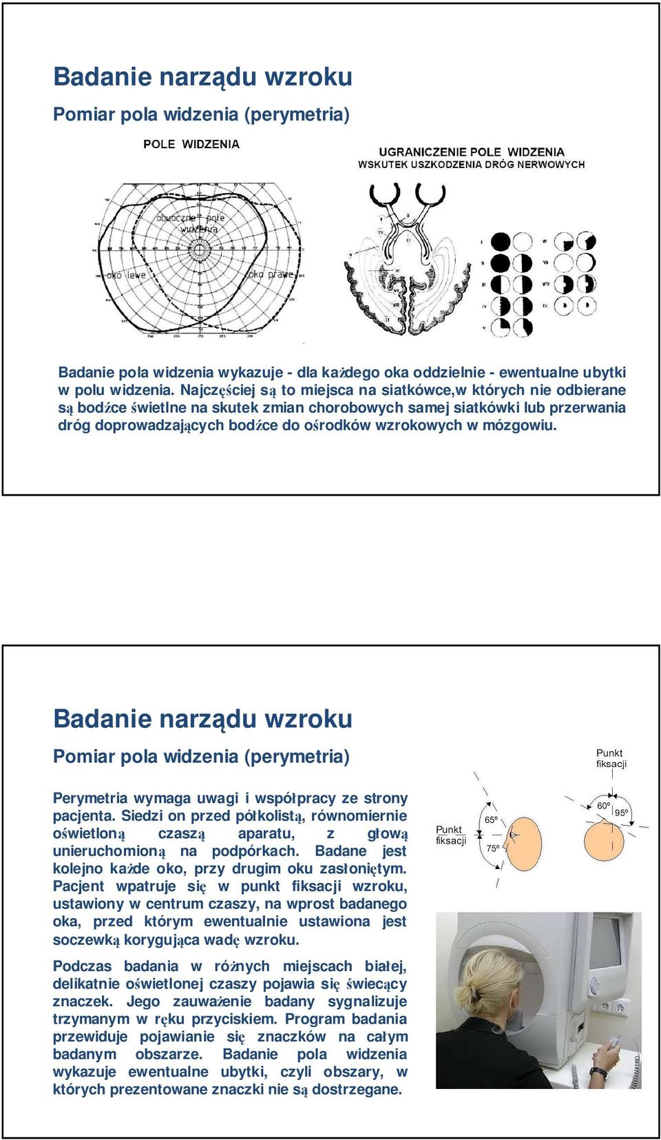 mózgowiu. Pomiar pola widzenia (perymetria) Perymetria wymaga uwagi i współpracy ze strony pacjenta.