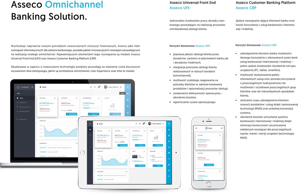 Wychodząc naprzeciw nowym potrzebom nowoczesnych instytucji finansowych, Asseco jako lider rozwiązań informatycznych dla sektora bankowego, posiada pakiet innowacyjnych rozwiązań pozwalających na