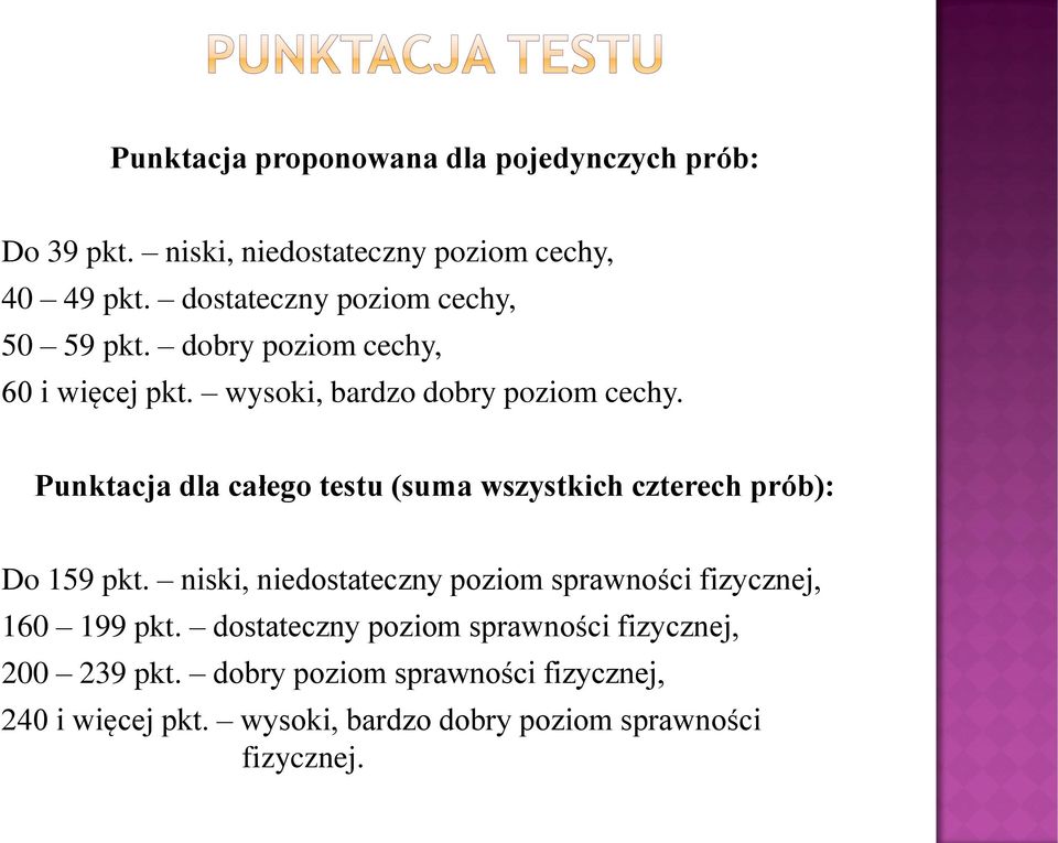 Punktacja dla całego testu (suma wszystkich czterech prób): Do 159 pkt.