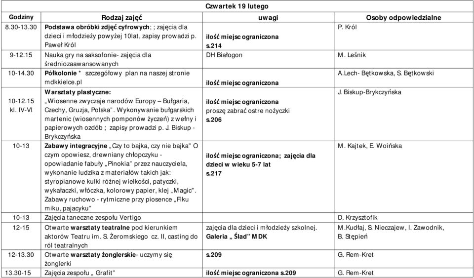 Biskup-Brykczyńska 10-12.15 kl. IV-VI Warsztaty plastyczne: Wiosenne zwyczaje narodów Europy Bułgaria, Czechy, Gruzja, Polska.
