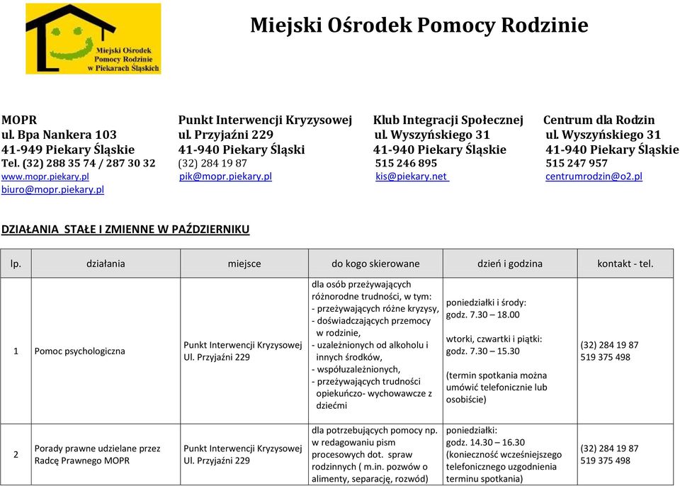 net centrumrodzin@o2.pl biuro@mopr.piekary.pl DZIAŁANIA STAŁE I ZMIENNE W PAŹDZIERNIKU lp. działania miejsce do kogo skierowane dzień i godzina kontakt - tel.