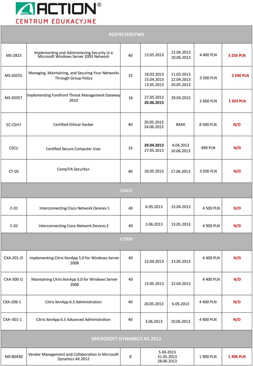 2013 2 600 PLN 1 924 PLN EC-CEH7 Certified Ethical Hacker BRAK 8 500 PLN N/D CSCU Certified Secure Computer User 4.04.