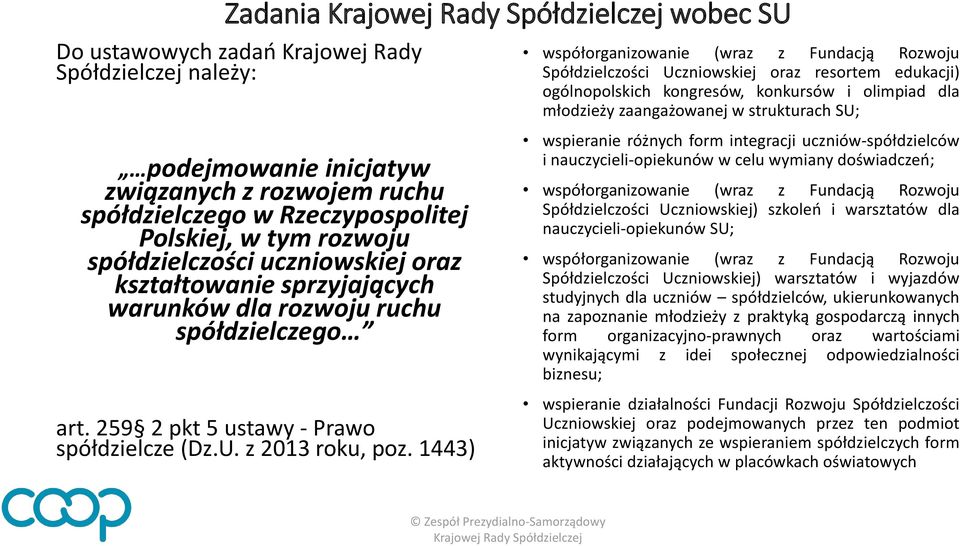 uczniowskiej oraz kształtowanie sprzyjających warunków dla rozwoju ruchu spółdzielczego art. 259 2 pkt 5 ustawy - Prawo spółdzielcze (Dz.U. z 2013 roku, poz.