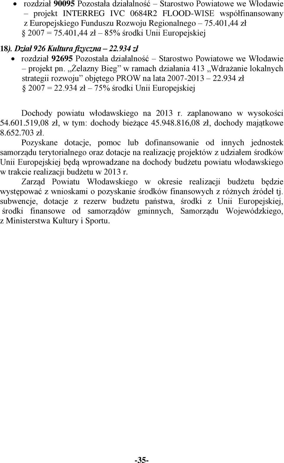 Żelazny Bieg w ramach działania 413 Wdrażanie lokalnych strategii rozwoju objętego PROW na lata 2007-2013 22.934 zł 2007 = 22.