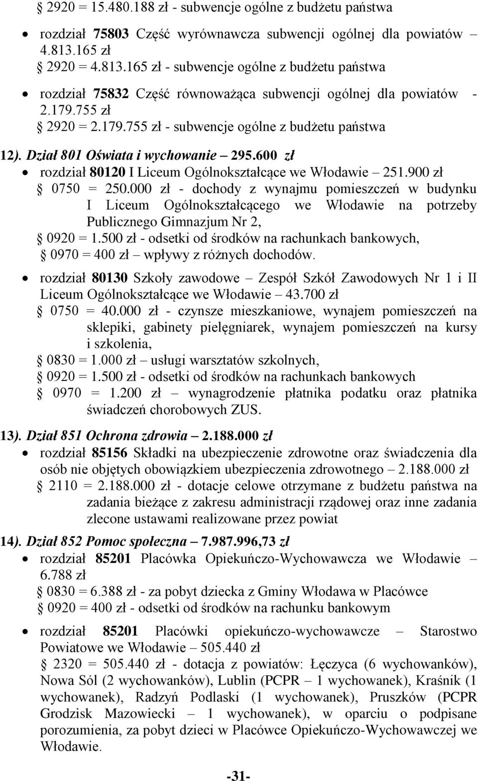 Dział 801 Oświata i wychowanie 295.600 zł rozdział 80120 I Liceum Ogólnokształcące we Włodawie 251.900 zł 0750 = 250.