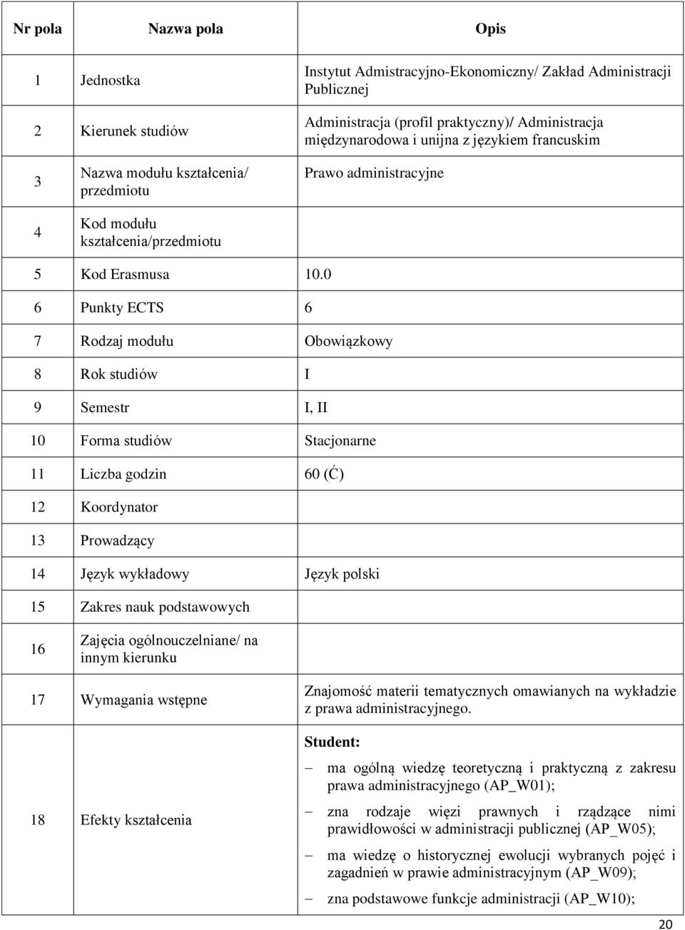 0 6 Punkty ECTS 6 7 Rodzaj modułu Obowiązkowy 8 Rok studiów I 9 Semestr I, II 10 Forma studiów Stacjonarne 11 Liczba godzin 60 (Ć) 12 Koordynator 13 Prowadzący 14 Język wykładowy Język polski 15