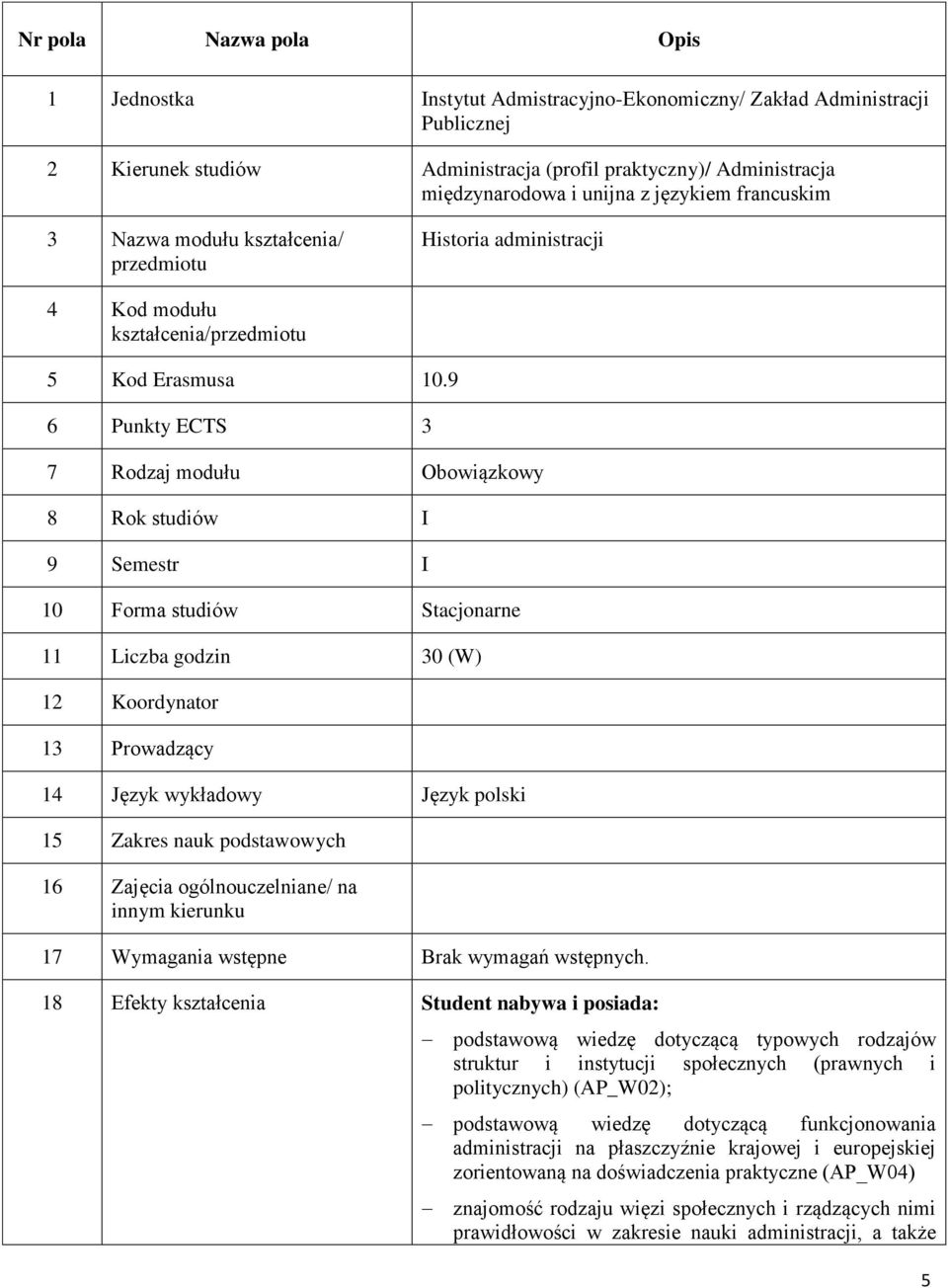 9 6 Punkty ECTS 3 7 Rodzaj modułu Obowiązkowy 8 Rok studiów I 9 Semestr I 10 Forma studiów Stacjonarne 11 Liczba godzin 30 (W) 12 Koordynator 13 Prowadzący 14 Język wykładowy Język polski 15 Zakres