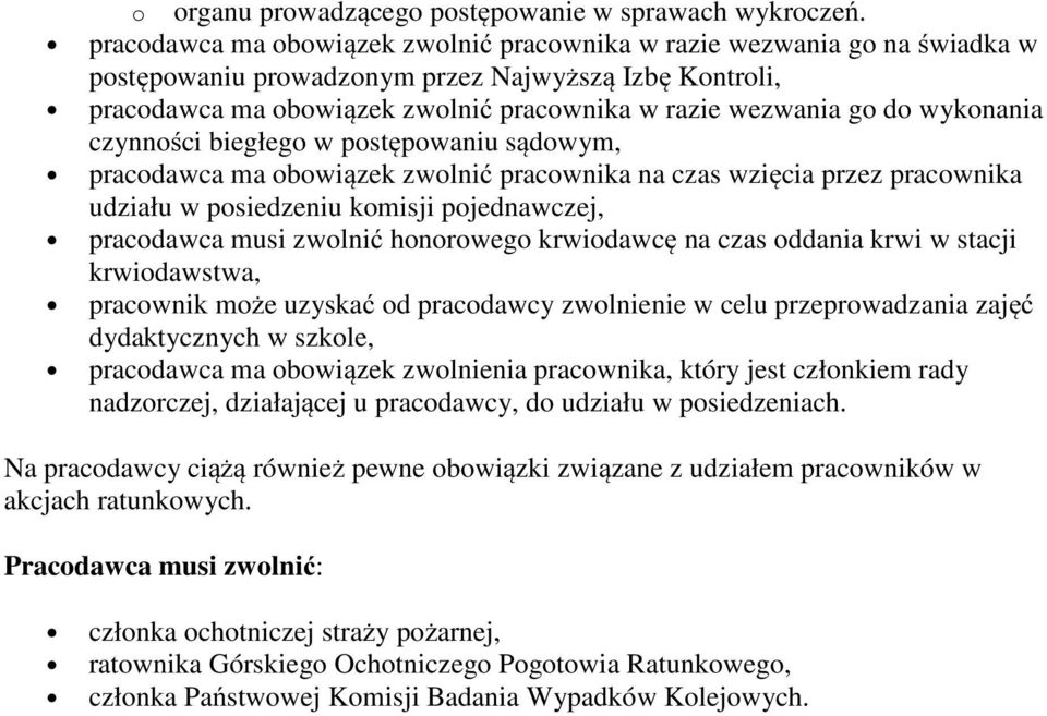 wykonania czynności biegłego w postępowaniu sądowym, pracodawca ma obowiązek zwolnić pracownika na czas wzięcia przez pracownika udziału w posiedzeniu komisji pojednawczej, pracodawca musi zwolnić