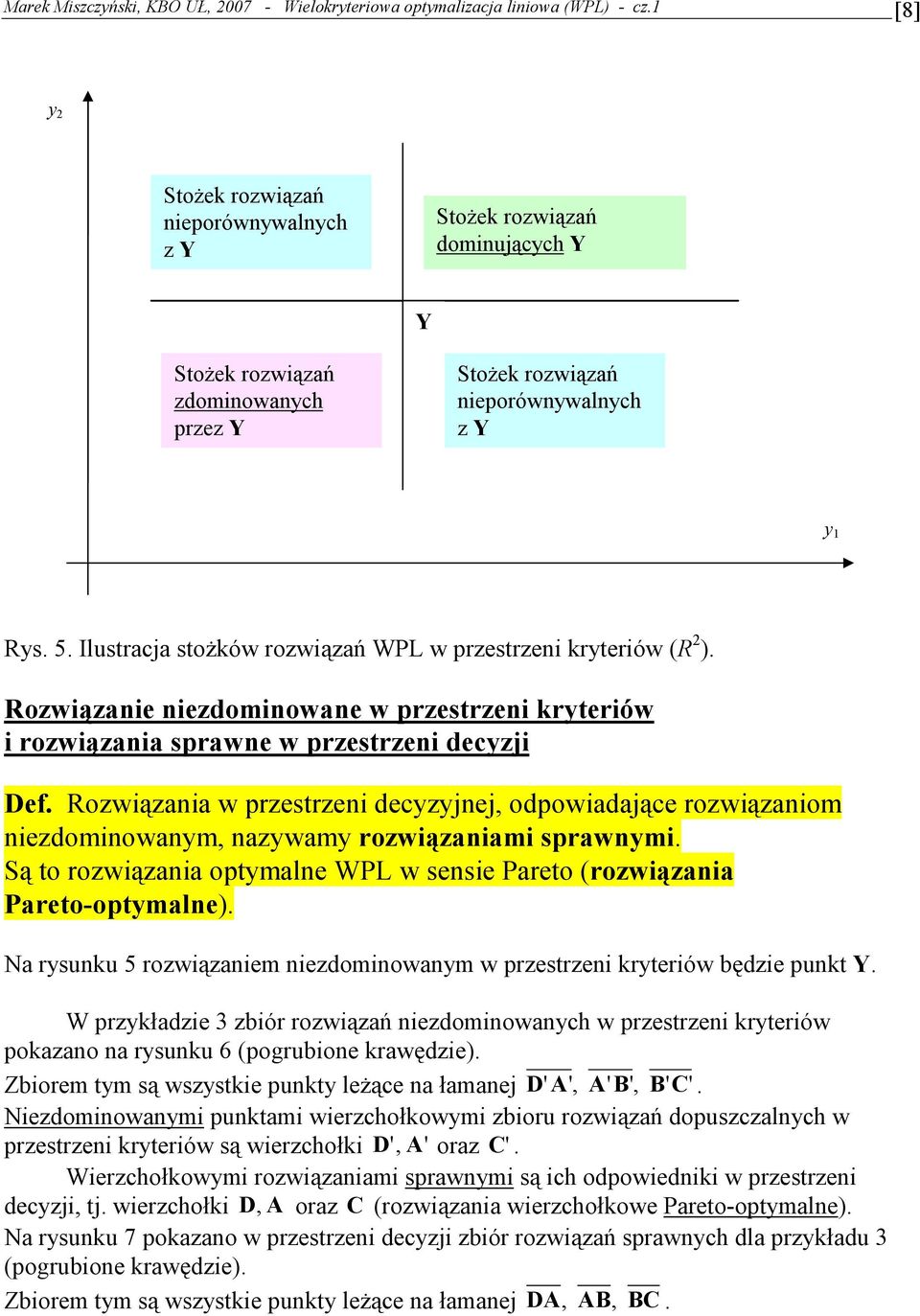 Ilustraja stoŝków rowiąań WPL w prestreni kryteriów (R ). Rowiąanie niedominowane w prestreni kryteriów i rowiąania sprawne w prestreni deyji Def.