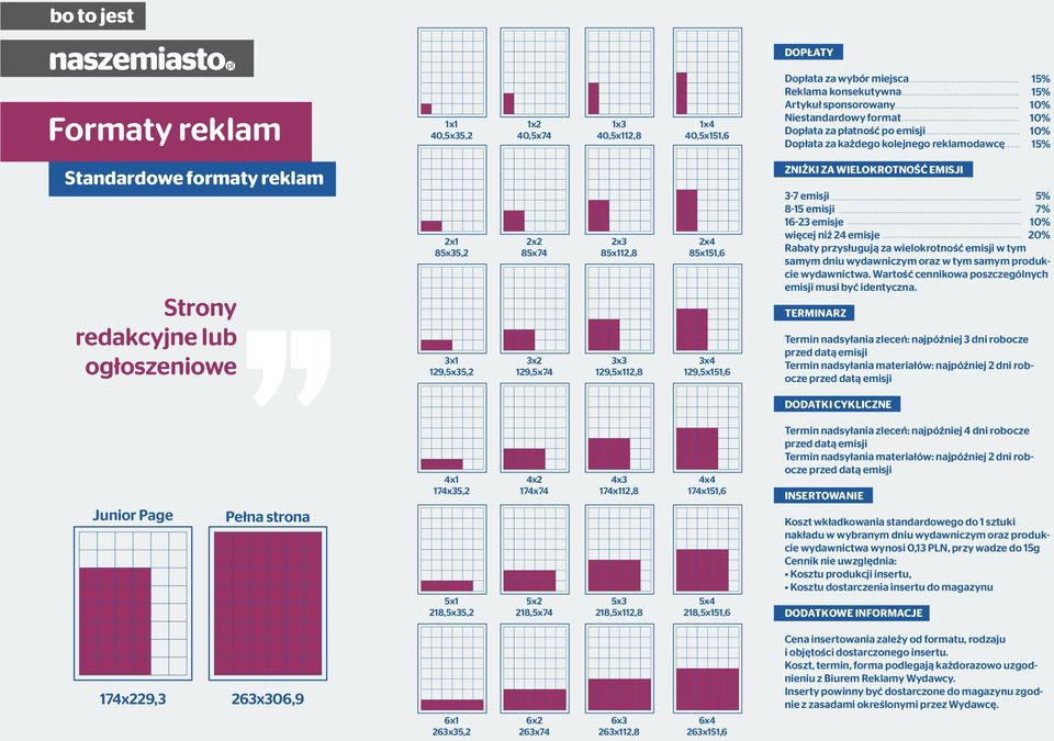 129,5x112,8 2x4 85x151,6 3x4 129,5x151,6 ZNIŻKI ZA WIELOKROTNOŚĆ EMISJI 3-7 emisji 8-15 emisji 16-23 emisje więcej niż 24 emisje 20% Rabaty przysługują za wielokrotność emisji w tym samym dniu