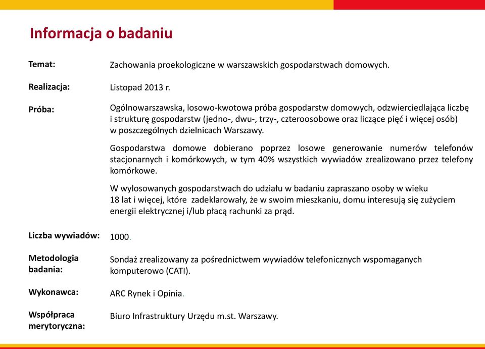 dzielnicach Warszawy. Gospodarstwa domowe dobierano poprzez losowe generowanie numerów telefonów stacjonarnych i komórkowych, w tym 40% wszystkich wywiadów zrealizowano przez telefony komórkowe.